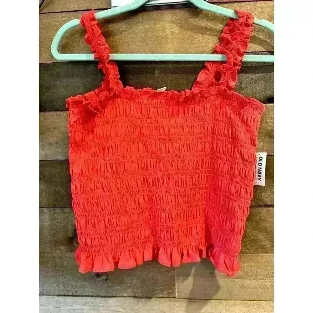 Old Navy‎ Red Smocked Ruffle Strap Crop Top Size M NWT Stretch